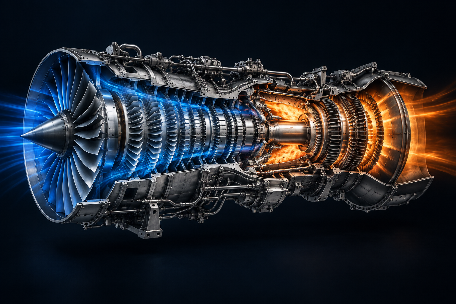 Illustrative gas turbine cutaway, with blue intake flow and an orange combustion region
